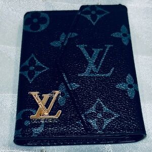 CARD HOLDER: Light & Dark Blue Checked w/Golden Accents, NWOT